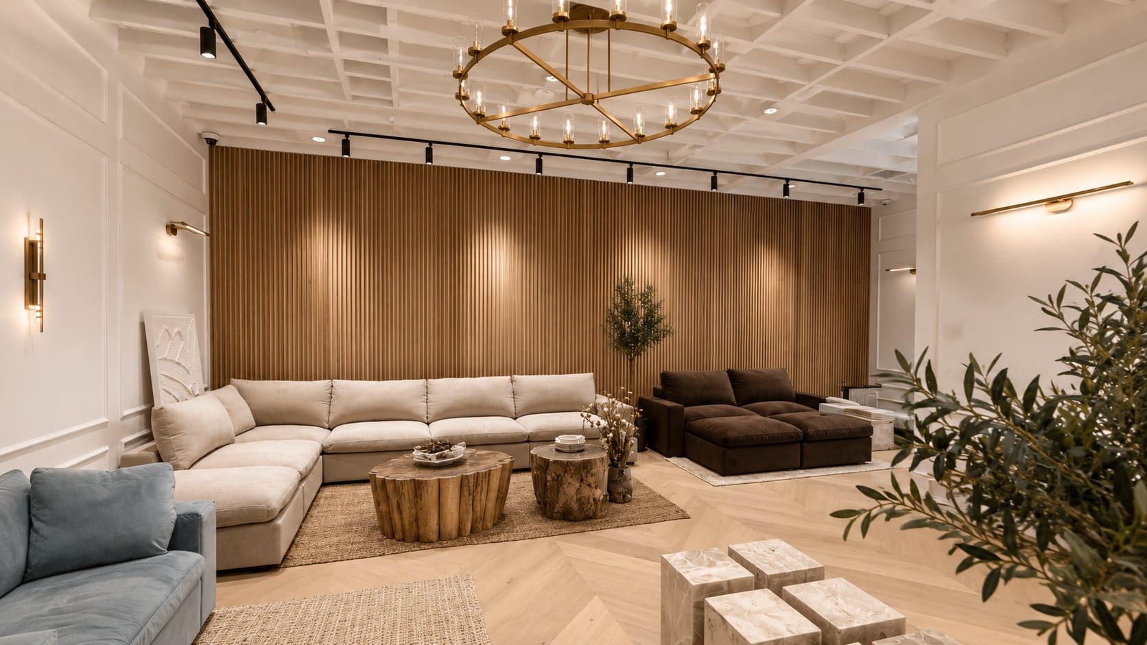 7th Avenue showroom with slat-wood feature wall, brass ring chandelier, coffered white ceiling and modular sofas on herringbone oak floor