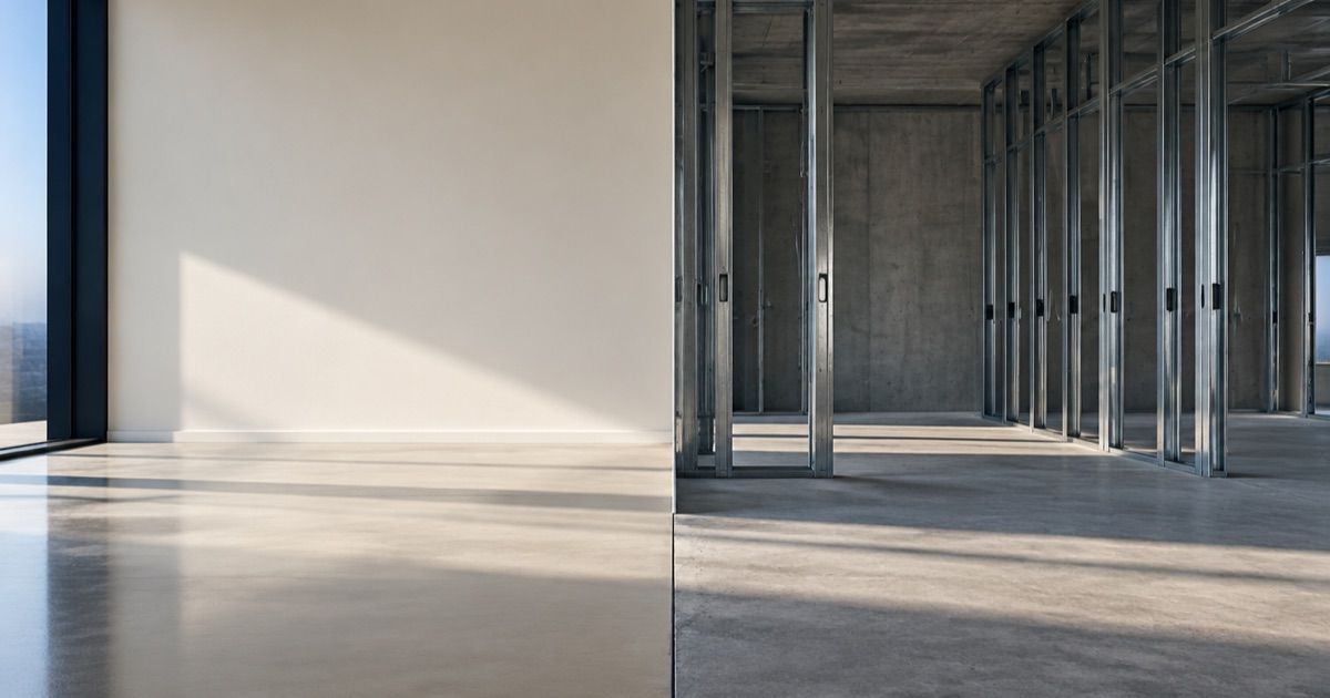 A commercial interior split between a finished painted wall and polished floor on one side and exposed steel stud framing over bare concrete on the other.