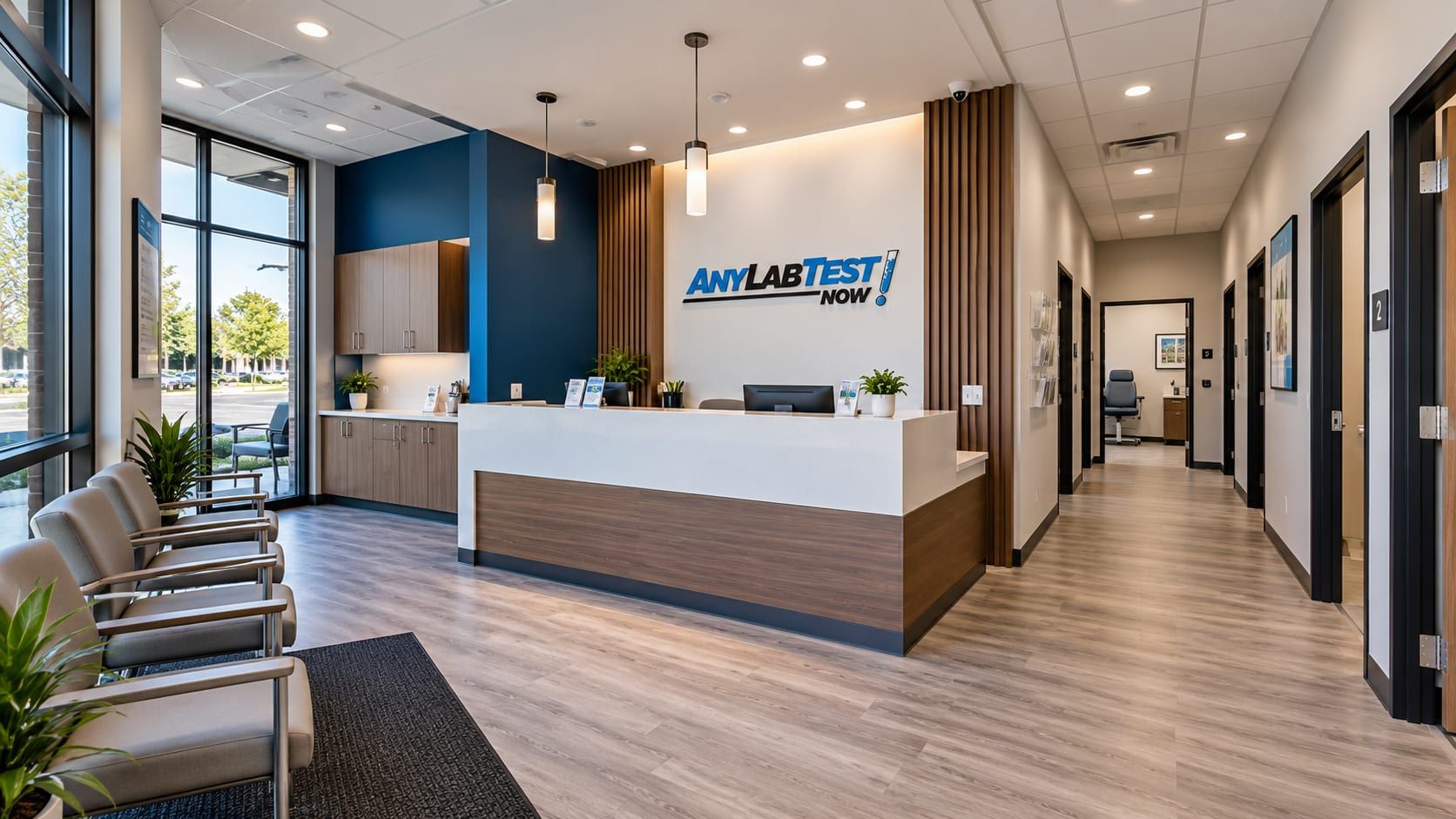 Any Lab Test Now! reception and waiting area with blue accent wall, slat-wood panels and the illuminated Any Lab Test Now! sign