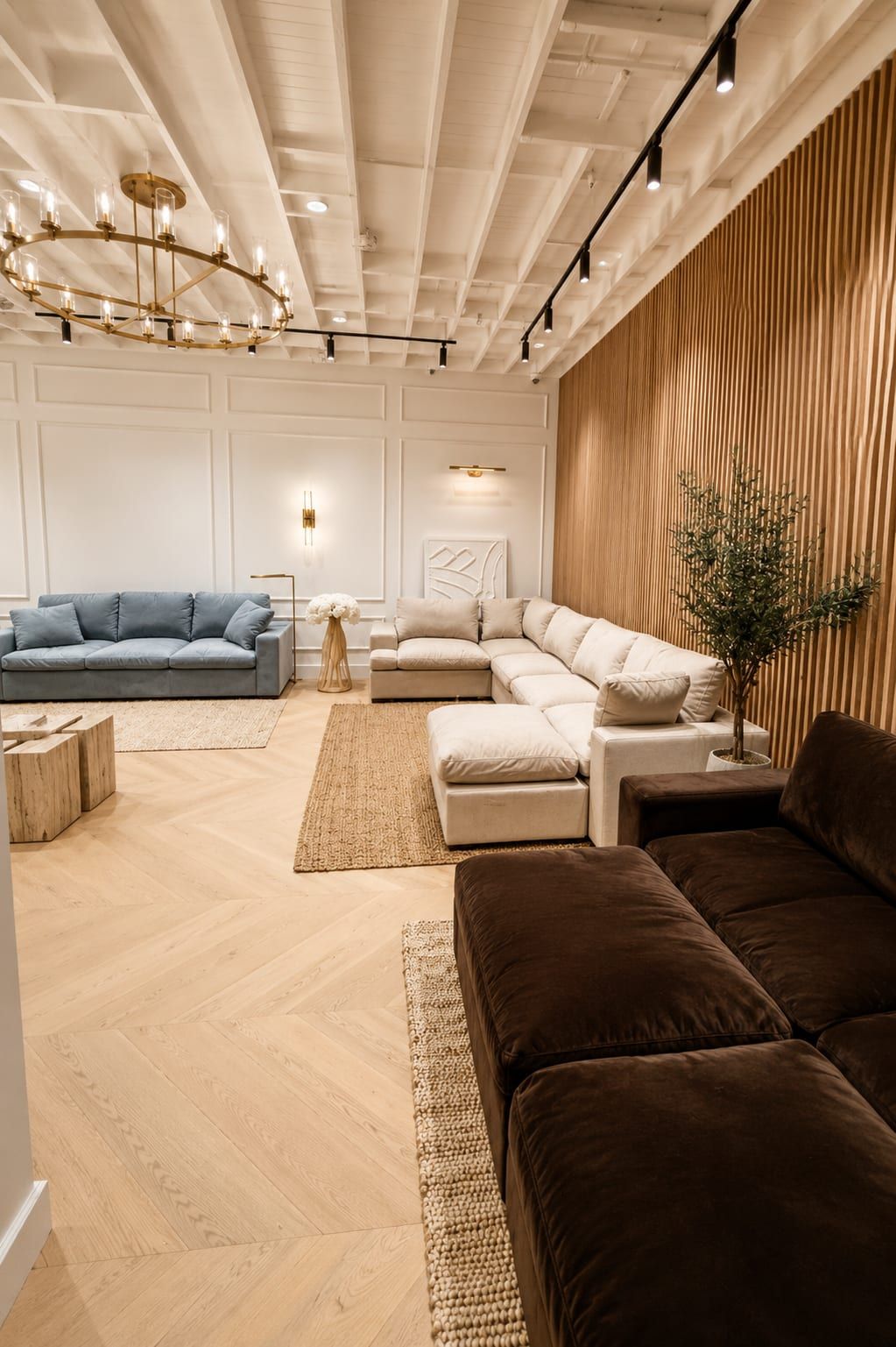 Showroom corner with brass chandelier, white panel moulding, vertical slat-wood wall and sectional sofas