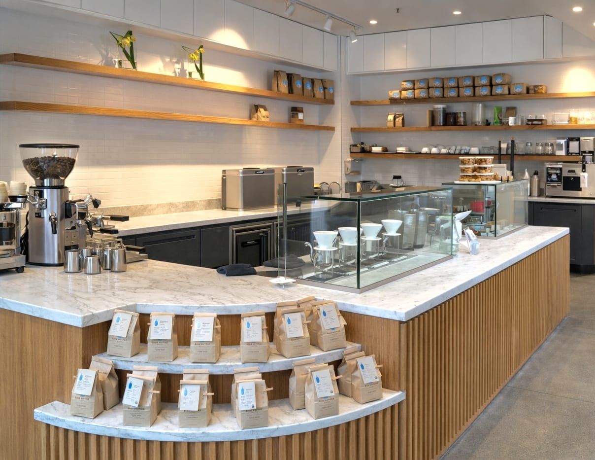 Stone counter top on the fluted oak counter with tiered shelves of bagged Blue Bottle coffee, grinders and pour-over station, open shelving and white cabinetry behind