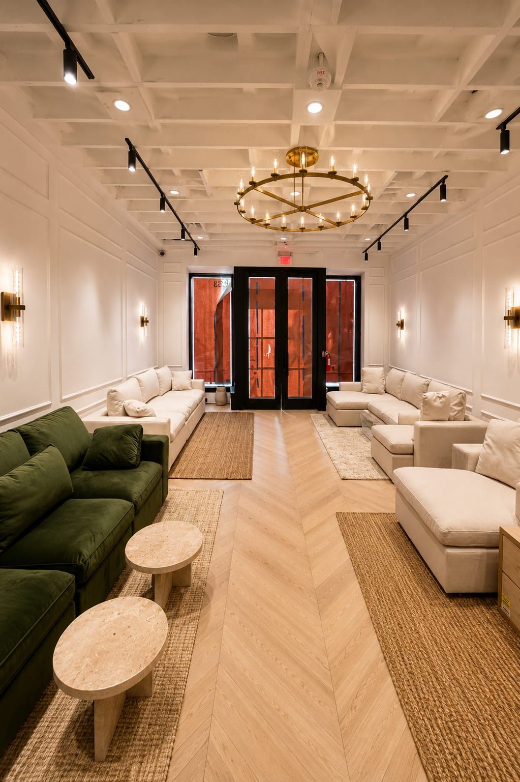 Long showroom floor with herringbone oak flooring, panel-moulded walls, brass sconces and sofas leading to the black-framed entry doors
