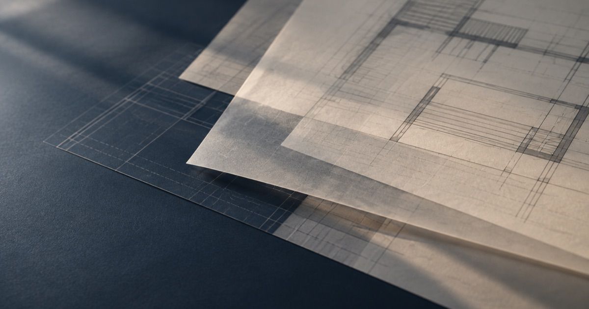 Layered translucent architectural drawings overlapping at slight angles on a dark surface, lit from a low angle.