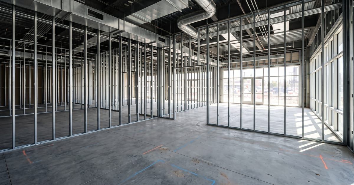 Unfinished commercial tenant space with exposed metal stud framing, overhead ductwork, concrete slab floor, and storefront glazing.