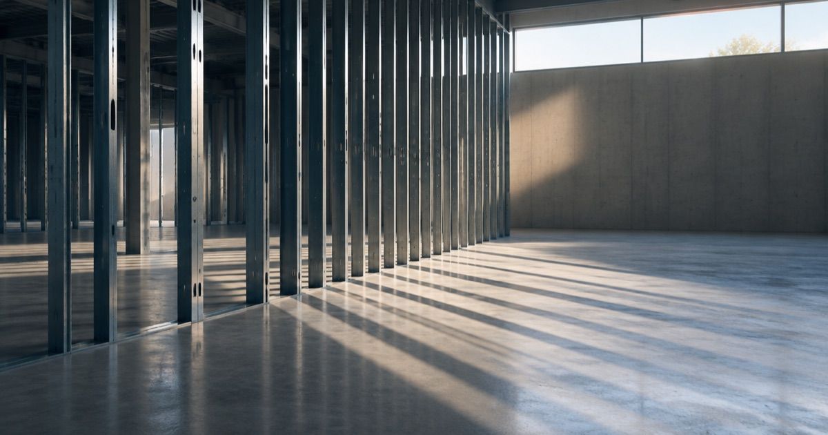 Steel stud framing in an unfinished commercial interior, daylight casting long parallel shadows across a bare concrete floor.
