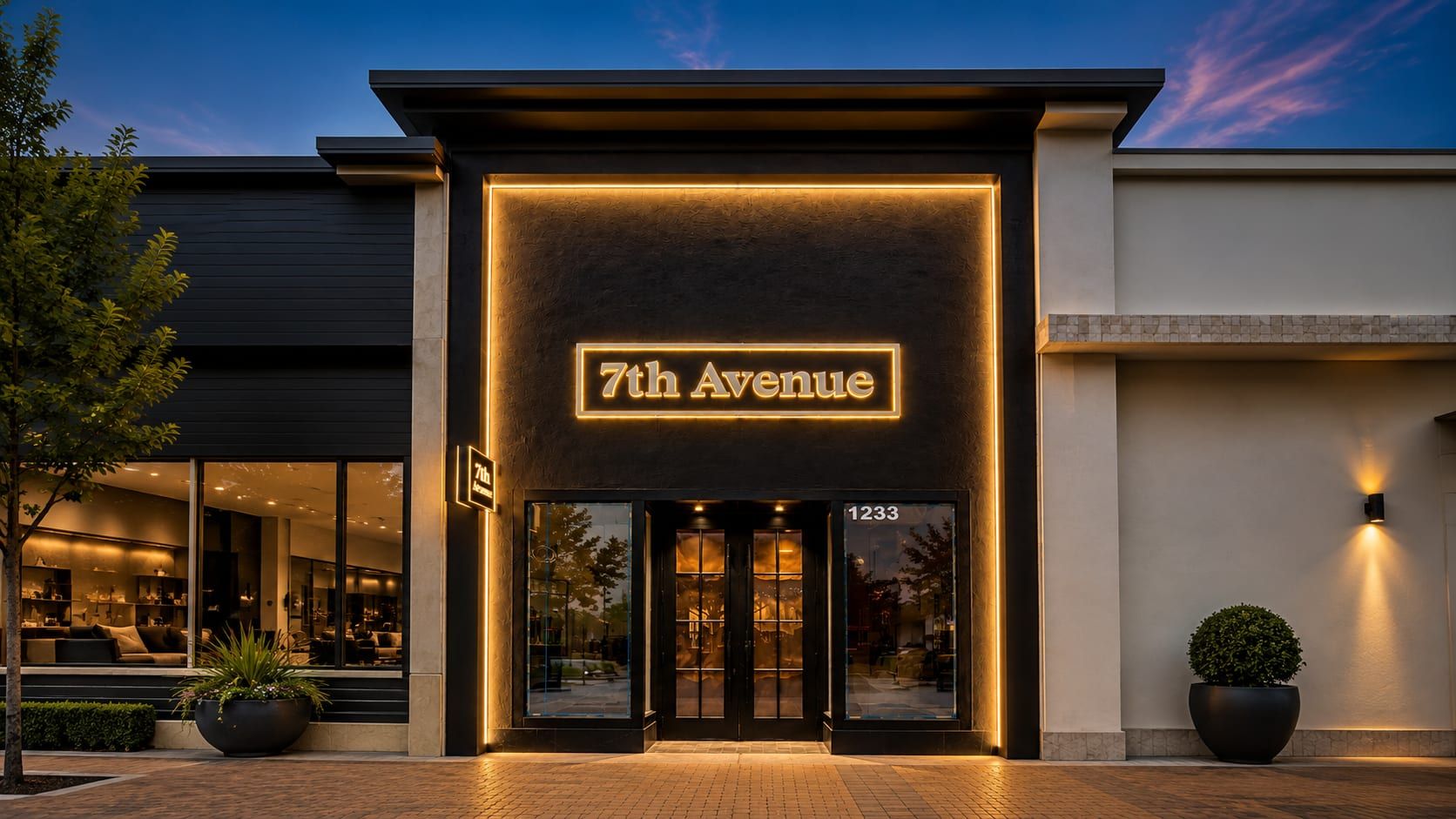 7th Avenue storefront at dusk with illuminated signage, black entry portal and glass doors, Broadway Plaza, Walnut Creek